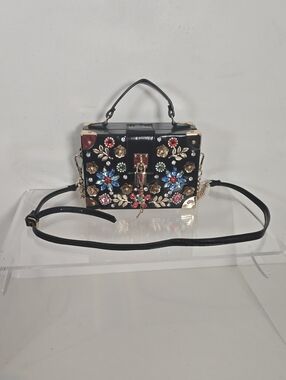 ALDO Embellished Black Floral Jeweled Box Bag